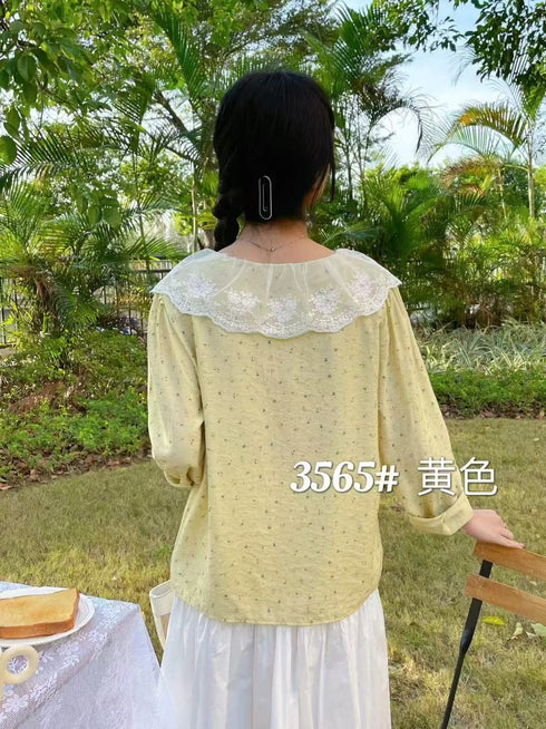 Floral Print Lace Pinter Pan Collar Long Sleeves Korean Tops